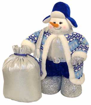 Снеговик в синей шапке, с серебряным мешком
